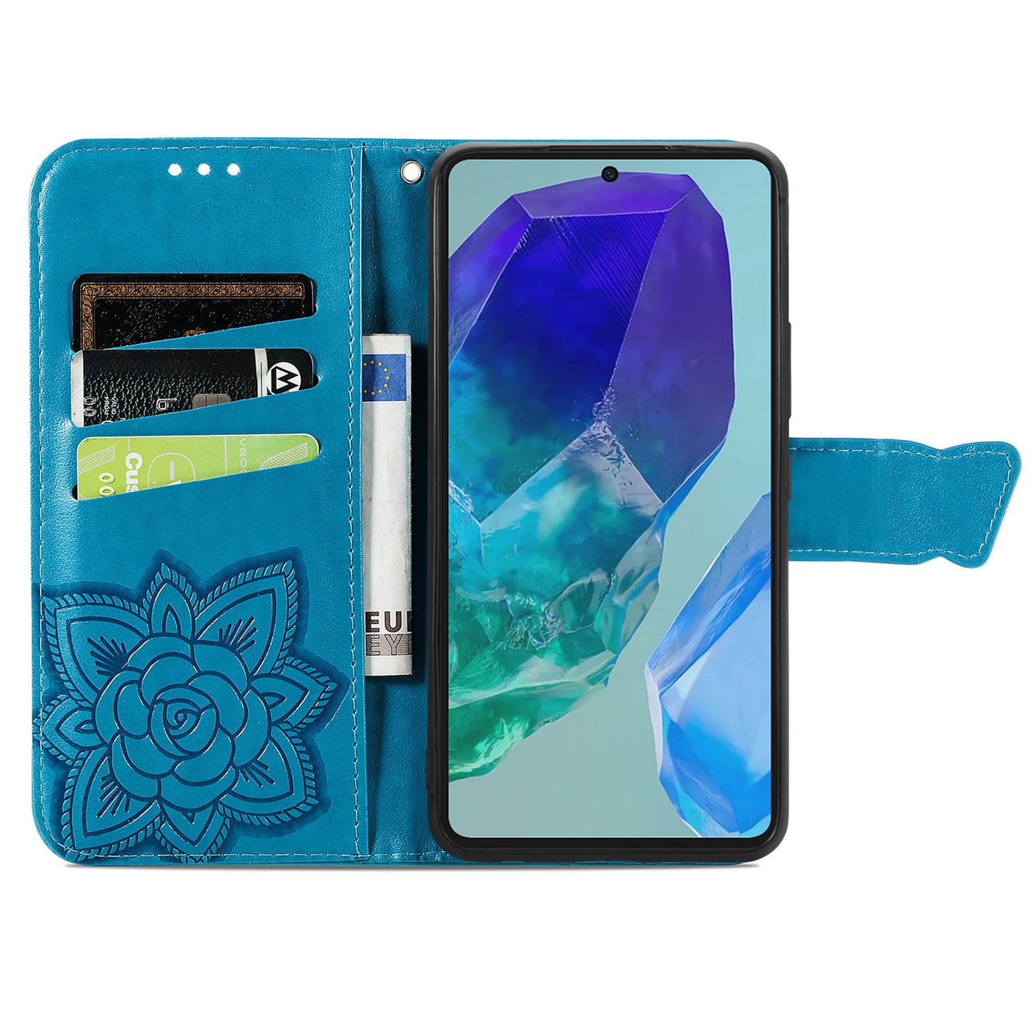 For Samsung Galaxy A16 5G / A16 4G Case PU Leather Wallet Phone Cover Butterfly Pattern - Blue