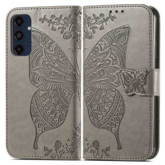 For Samsung Galaxy A16 5G / A16 4G Case PU Leather Wallet Phone Cover Butterfly Pattern - Grey