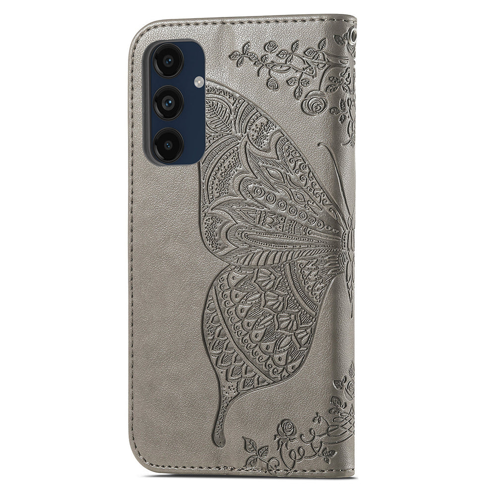 For Samsung Galaxy A16 5G / A16 4G Case PU Leather Wallet Phone Cover Butterfly Pattern - Grey