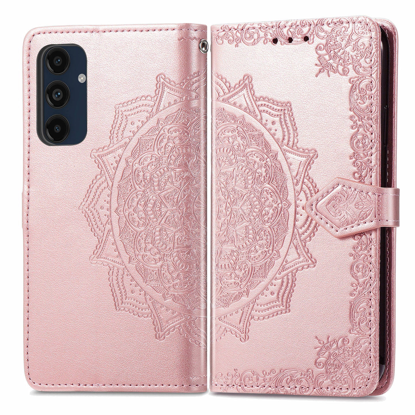 For Samsung Galaxy A16 5G / A16 4G Case Mandala Embossed Design Leather Wallet Phone Cover - Rose Gold