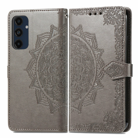 For Samsung Galaxy A16 5G / A16 4G Case Mandala Embossed Design Leather Wallet Phone Cover - Grey