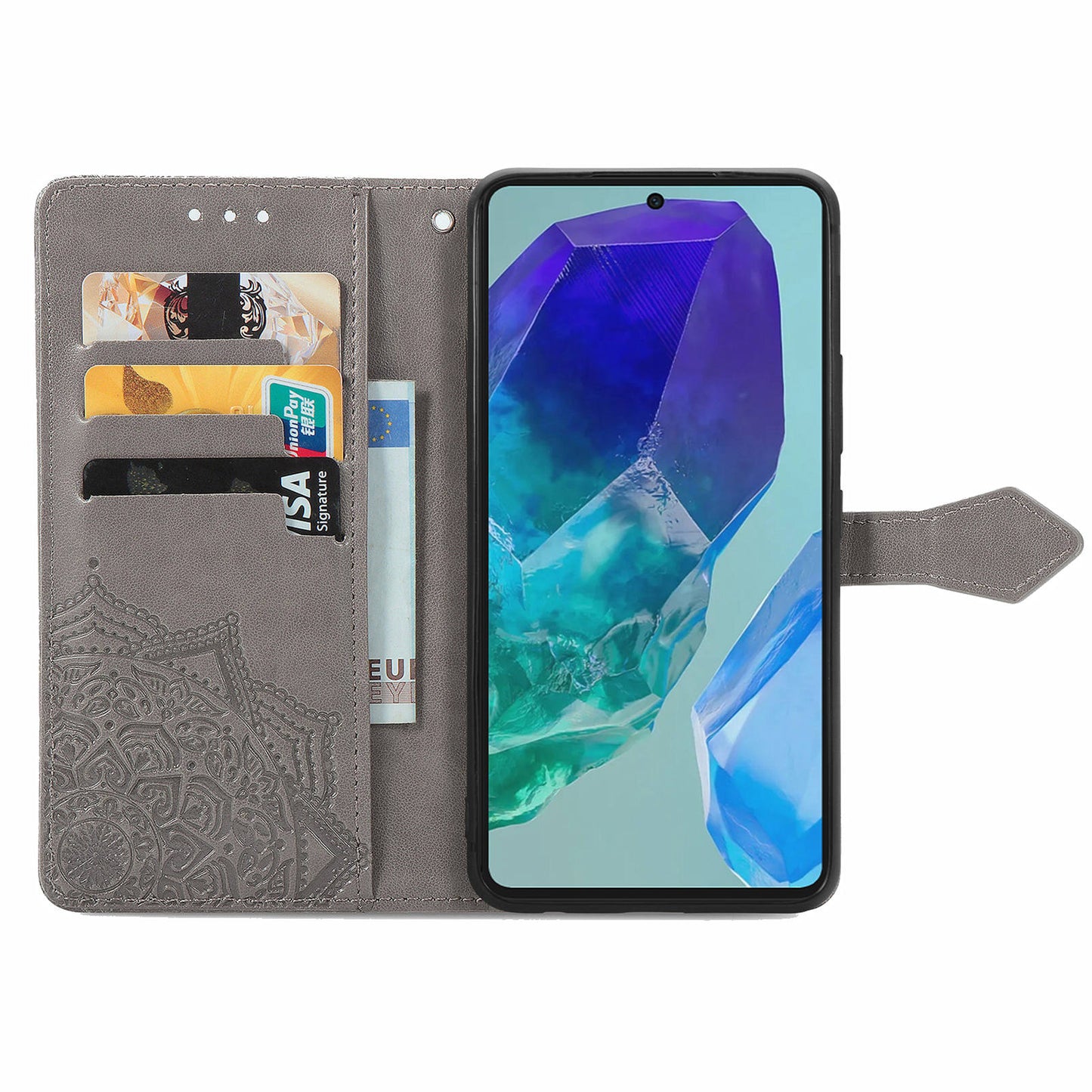 For Samsung Galaxy A16 5G / A16 4G Case Mandala Embossed Design Leather Wallet Phone Cover - Grey