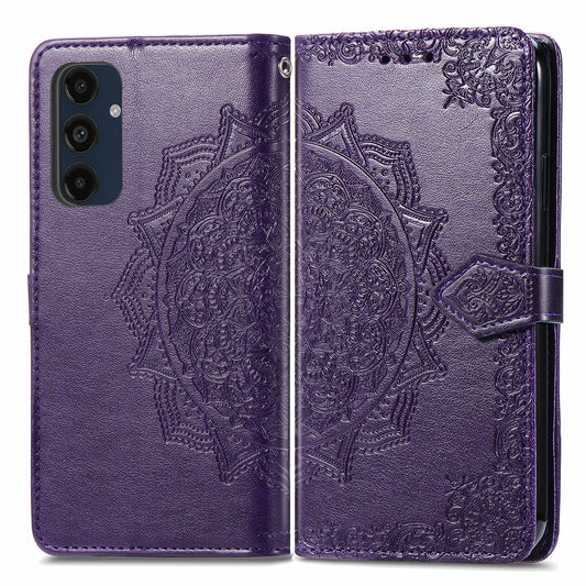 For Samsung Galaxy A16 5G / A16 4G Case Mandala Embossed Design Leather Wallet Phone Cover - Dark Purple