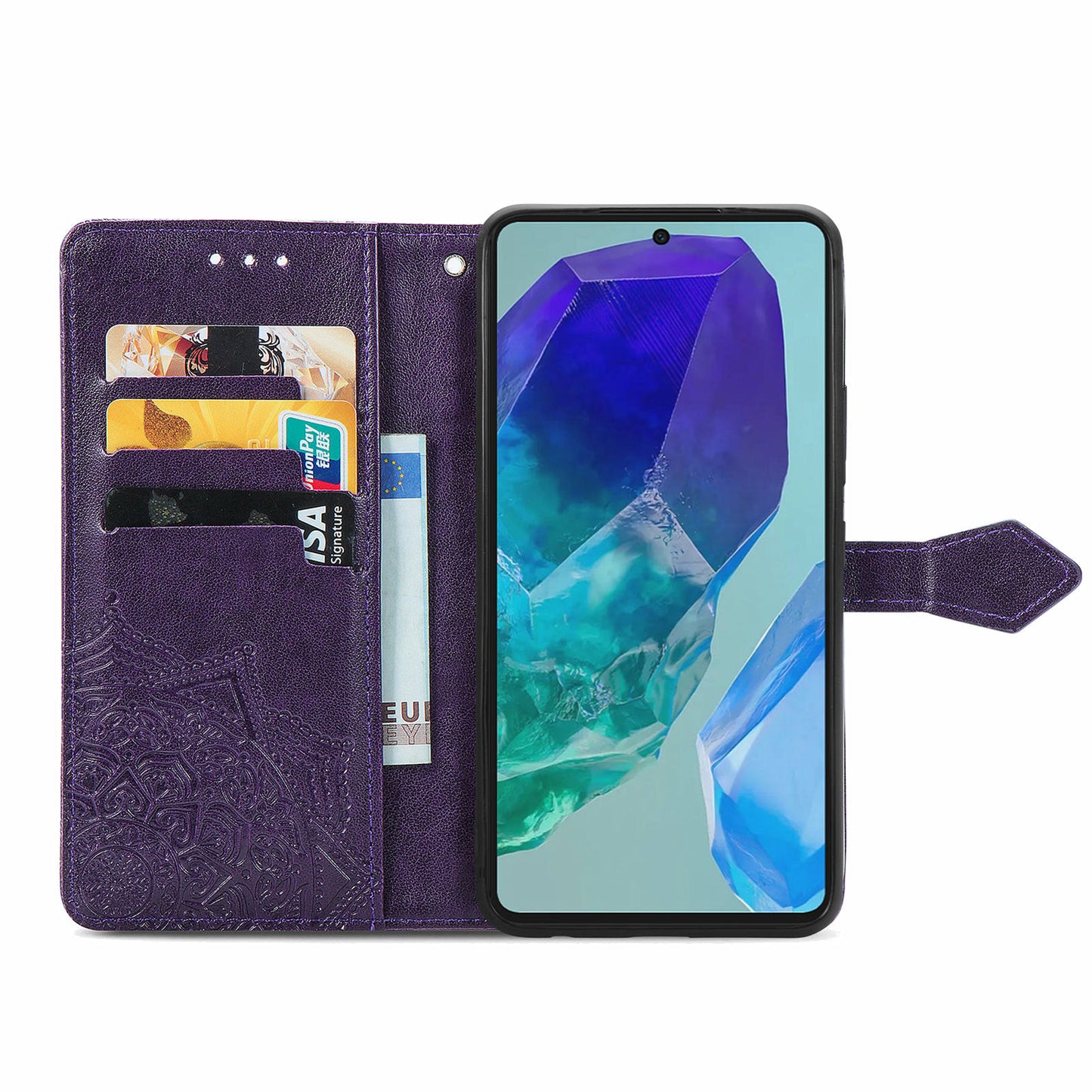 For Samsung Galaxy A16 5G / A16 4G Case Mandala Embossed Design Leather Wallet Phone Cover - Dark Purple