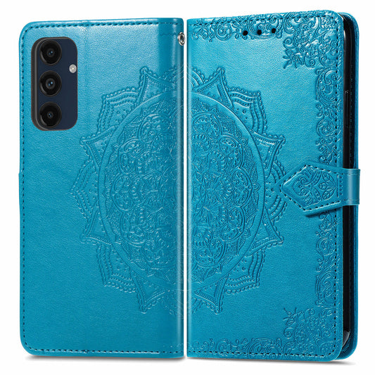 For Samsung Galaxy A16 5G / A16 4G Case Mandala Embossed Design Leather Wallet Phone Cover - Blue