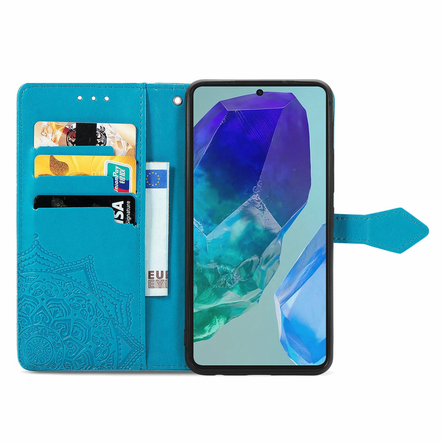 For Samsung Galaxy A16 5G / A16 4G Case Mandala Embossed Design Leather Wallet Phone Cover - Blue