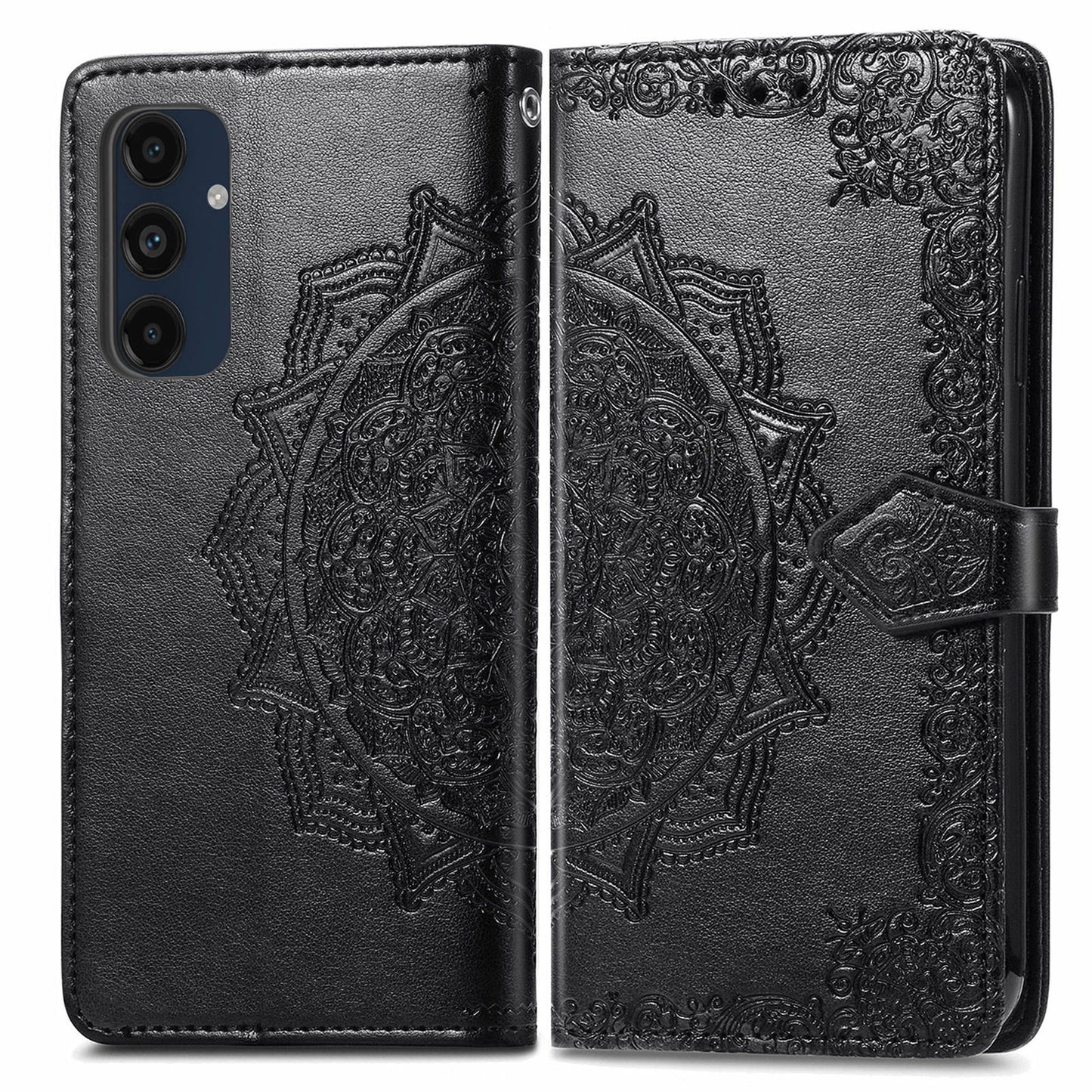 For Samsung Galaxy A16 5G / A16 4G Case Mandala Embossed Design Leather Wallet Phone Cover - Black