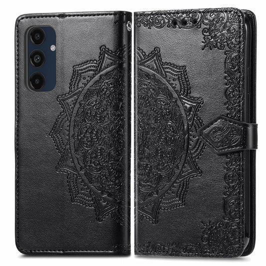 For Samsung Galaxy A16 5G / A16 4G Case Mandala Embossed Design Leather Wallet Phone Cover - Black
