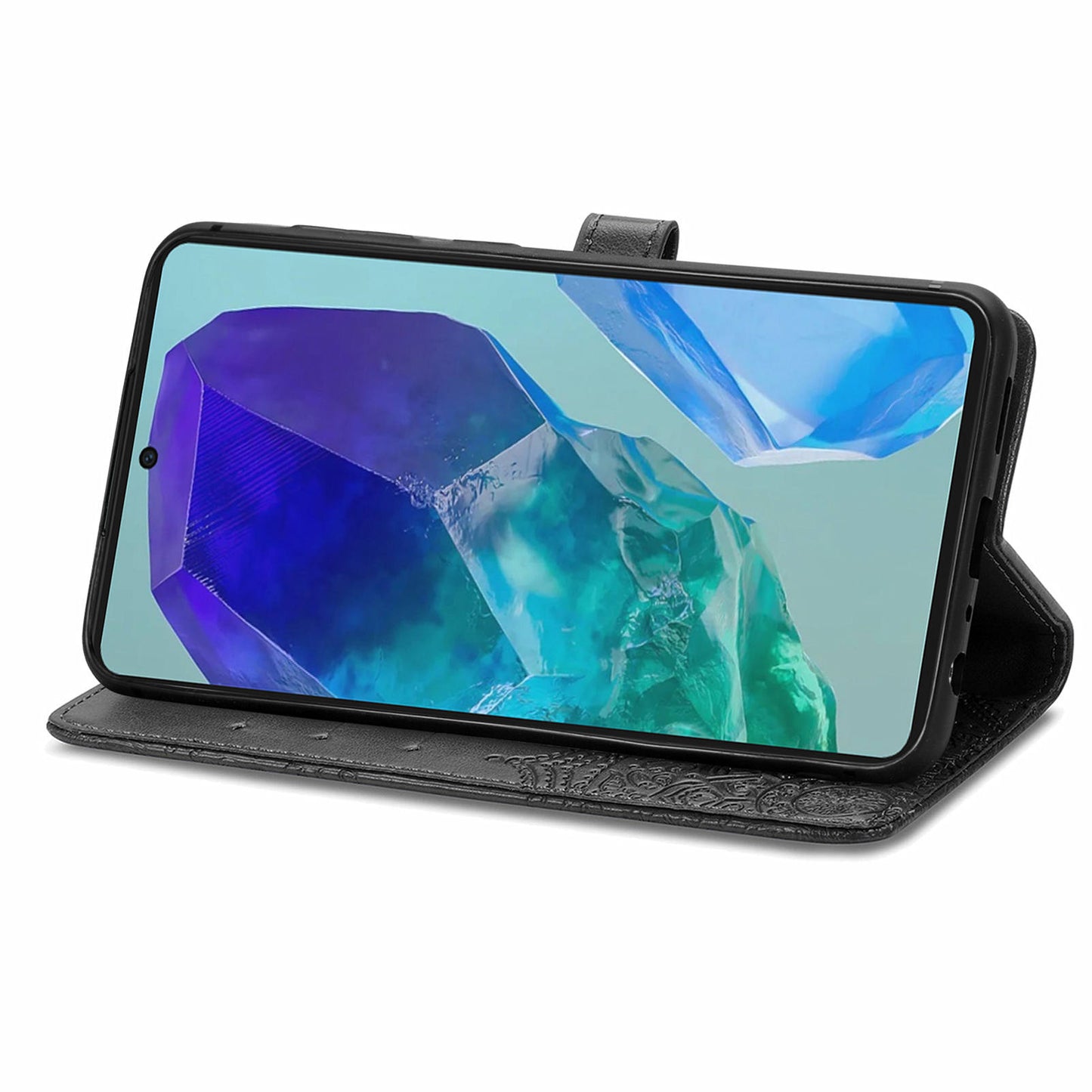 For Samsung Galaxy A16 5G / A16 4G Case Mandala Embossed Design Leather Wallet Phone Cover - Black