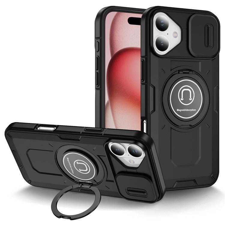 For iPhone 16 Plus Case Camshield Kickstand TPU+PC Phone Cover Support Magnetic Car Mount - Black