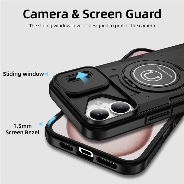 For iPhone 16 Plus Case Camshield Kickstand TPU+PC Phone Cover Support Magnetic Car Mount - Black