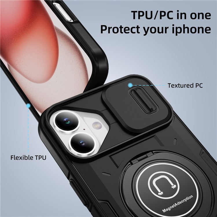 For iPhone 16 Plus Case Camshield Kickstand TPU+PC Phone Cover Support Magnetic Car Mount - Black