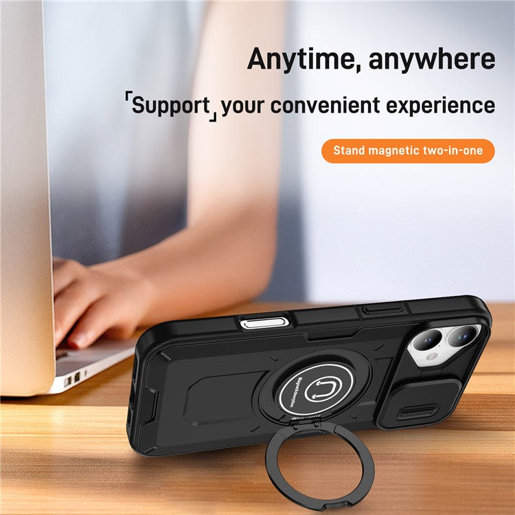 For iPhone 16 Plus Case Camshield Kickstand TPU+PC Phone Cover Support Magnetic Car Mount - Black