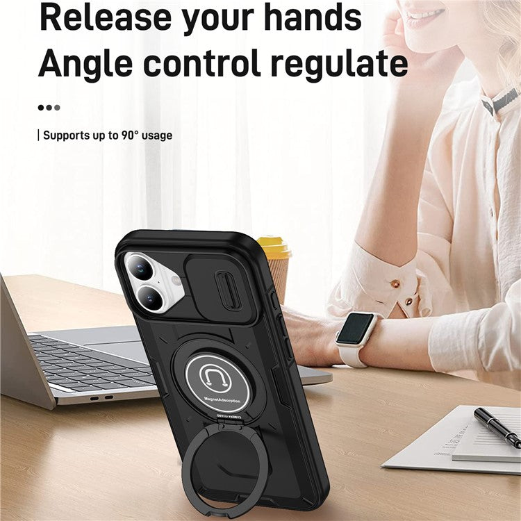 For iPhone 16 Plus Case Camshield Kickstand TPU+PC Phone Cover Support Magnetic Car Mount - Black