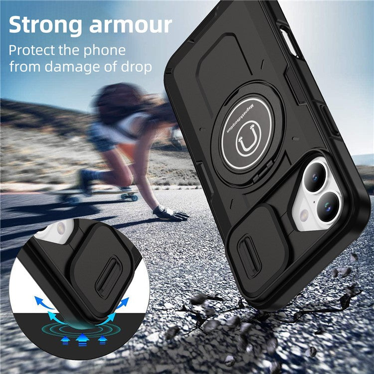 For iPhone 16 Plus Case Camshield Kickstand TPU+PC Phone Cover Support Magnetic Car Mount - Black