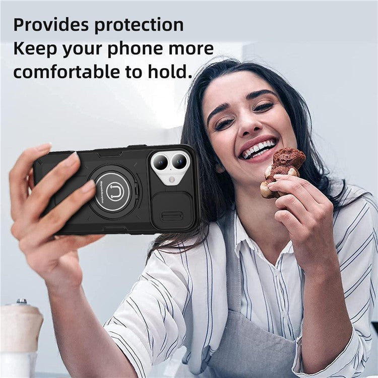 For iPhone 16 Plus Case Camshield Kickstand TPU+PC Phone Cover Support Magnetic Car Mount - Black