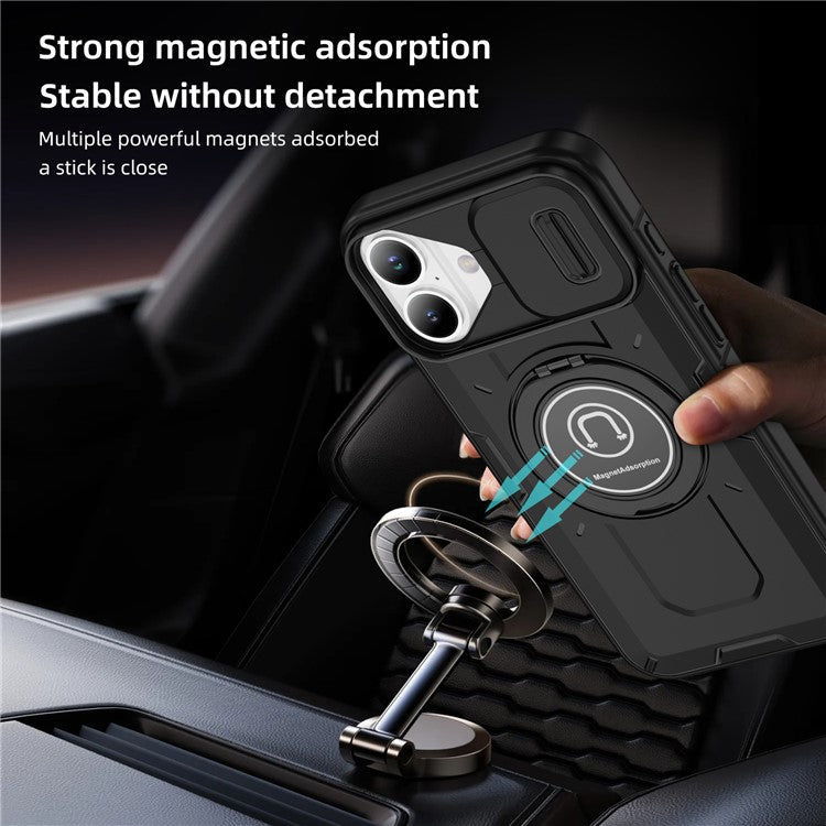 For iPhone 16 Plus Case Camshield Kickstand TPU+PC Phone Cover Support Magnetic Car Mount - Black