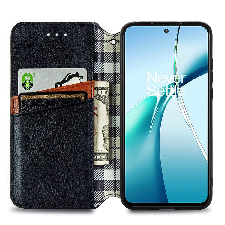For OnePlus Nord CE4 Lite 5G Case Rhombus Imprint PU Leather Wallet Phone Cover - Black
