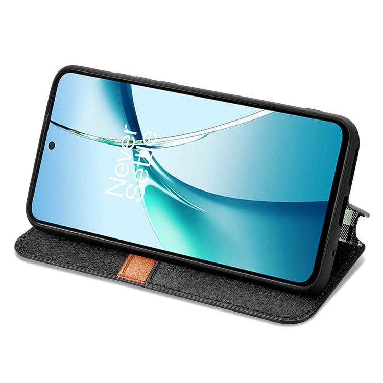 For OnePlus Nord CE4 Lite 5G Case Rhombus Imprint PU Leather Wallet Phone Cover - Black