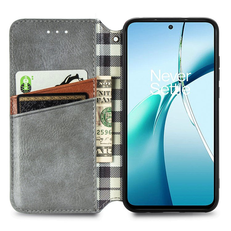 For OnePlus Nord CE4 Lite 5G Case Rhombus Imprint PU Leather Wallet Phone Cover - Grey