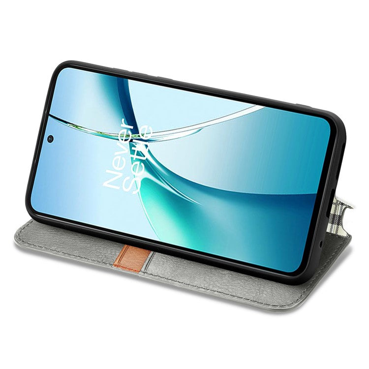 For OnePlus Nord CE4 Lite 5G Case Rhombus Imprint PU Leather Wallet Phone Cover - Grey