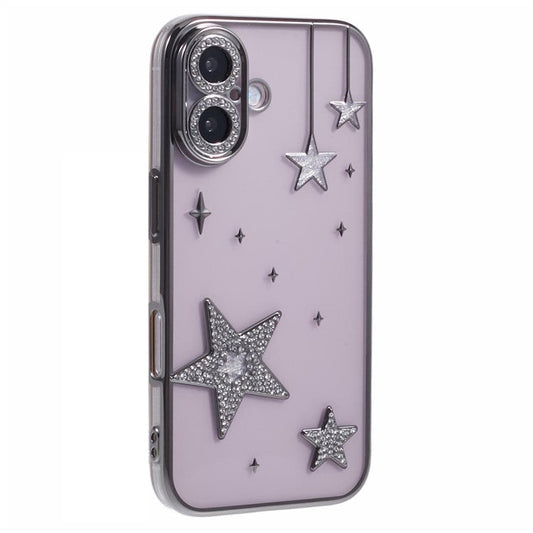 For iPhone 16 Plus Case 3D Bling Stars Electroplating TPU Clear Phone Case - Grey