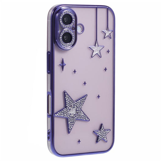 For iPhone 16 Plus Case 3D Bling Stars Electroplating TPU Clear Phone Case - Purple