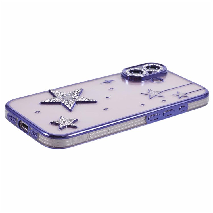 For iPhone 16 Plus Case 3D Bling Stars Electroplating TPU Clear Phone Case - Purple