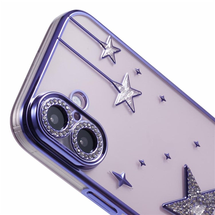 For iPhone 16 Plus Case 3D Bling Stars Electroplating TPU Clear Phone Case - Purple