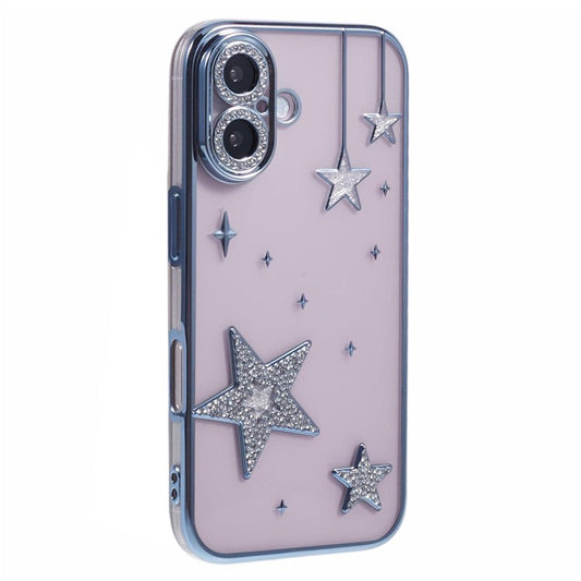 For iPhone 16 Plus Case 3D Bling Stars Electroplating TPU Clear Phone Case - Blue