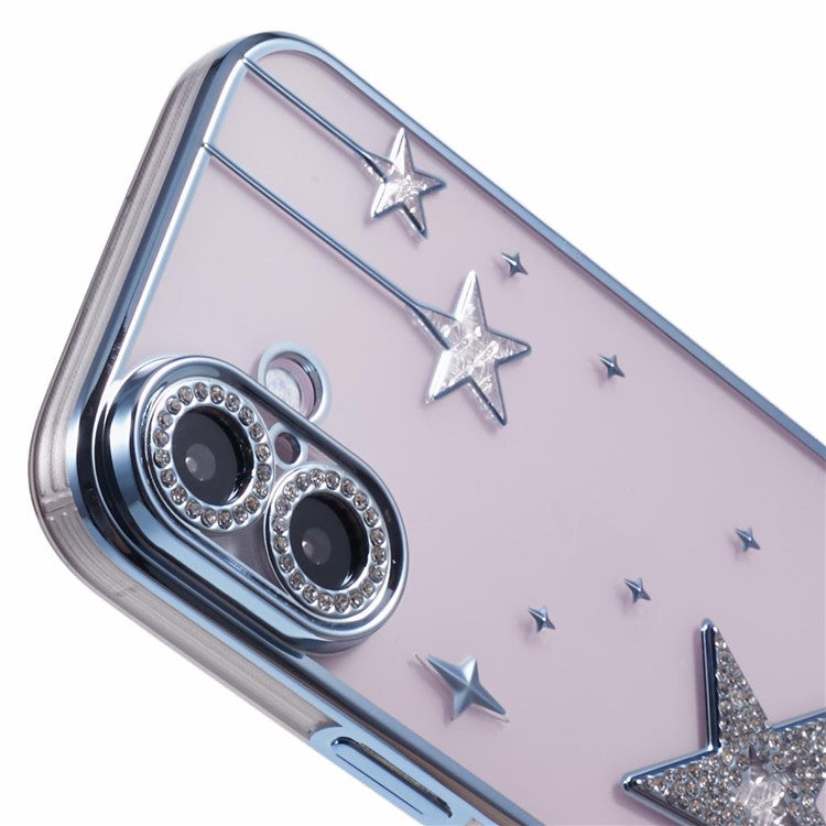 For iPhone 16 Plus Case 3D Bling Stars Electroplating TPU Clear Phone Case - Blue