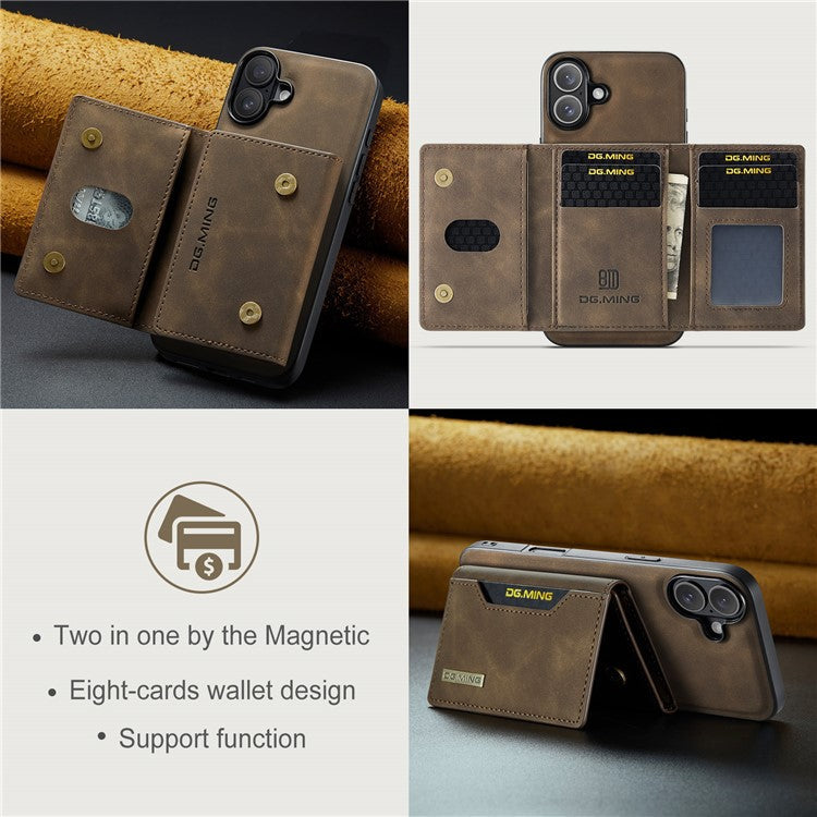 DG.MING M2 Series for iPhone 16 Plus Case PU+PC+TPU Phone Cover Detachable Wallet - Coffee
