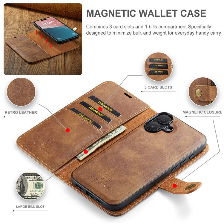 DG.MING for iPhone 16 Plus Case Detachable Split Leather Phone Cover - Brown