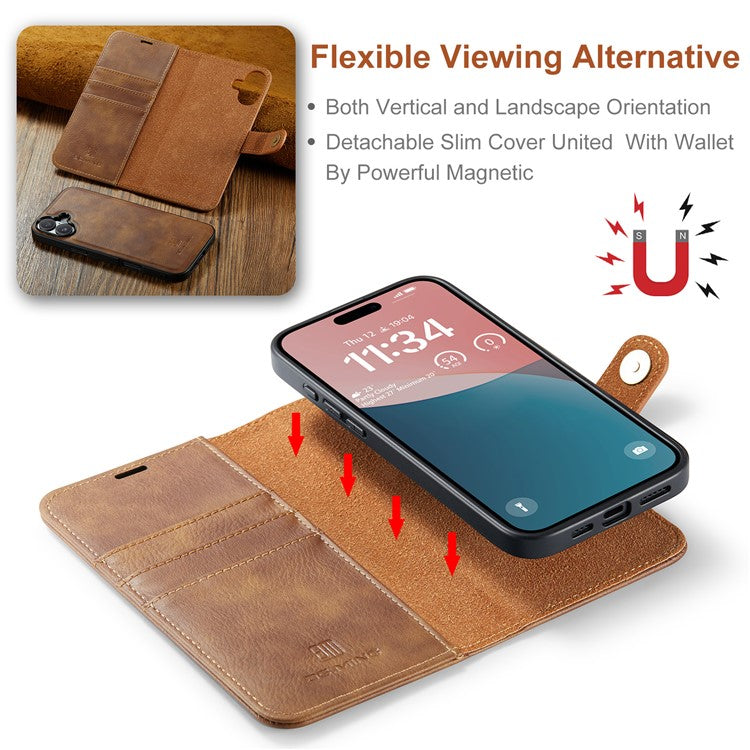 DG.MING for iPhone 16 Plus Case Detachable Split Leather Phone Cover - Brown