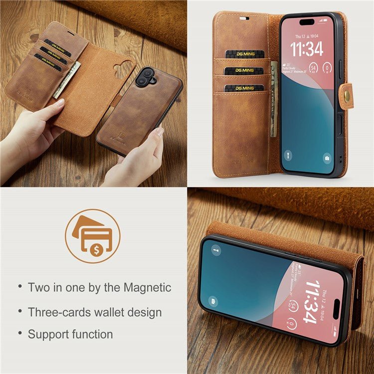 DG.MING for iPhone 16 Plus Case Detachable Split Leather Phone Cover - Brown