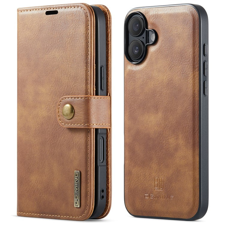 DG.MING for iPhone 16 Plus Case Detachable Split Leather Phone Cover - Brown
