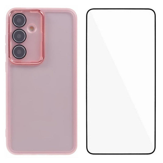 WANLONFENG DKSM Series for Samsung Galaxy S24 TPU Case Electroplated Frame Phone Cover with Tempered Glass - Transparent Pink