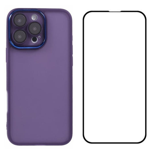 WANLONFENG DKSM Series for iPhone 16 Pro TPU Case Electroplated Frame Phone Cover with Tempered Glass - Transparent Purple