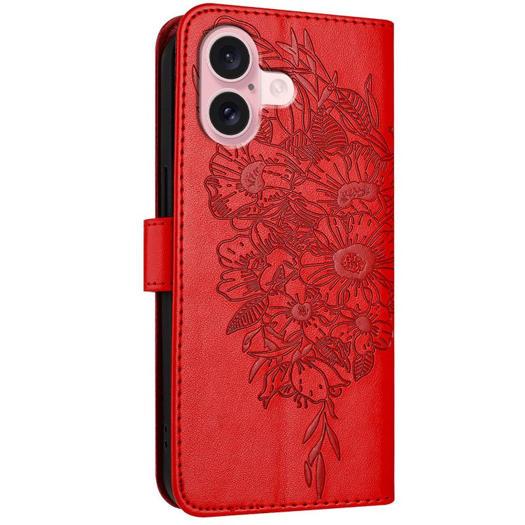YB Imprinting Series-4 For iPhone 16 Case Butterfly Flower Flip Wallet Leather Phone Cover - Red