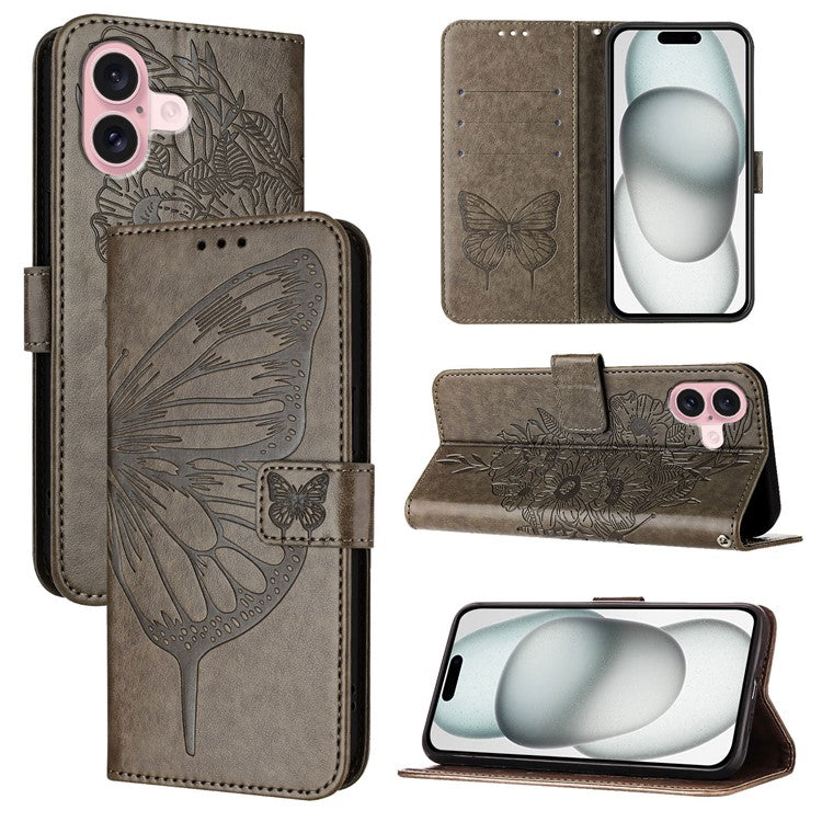YB Imprinting Series-4 For iPhone 16 Case Butterfly Flower Flip Wallet Leather Phone Cover - Grey