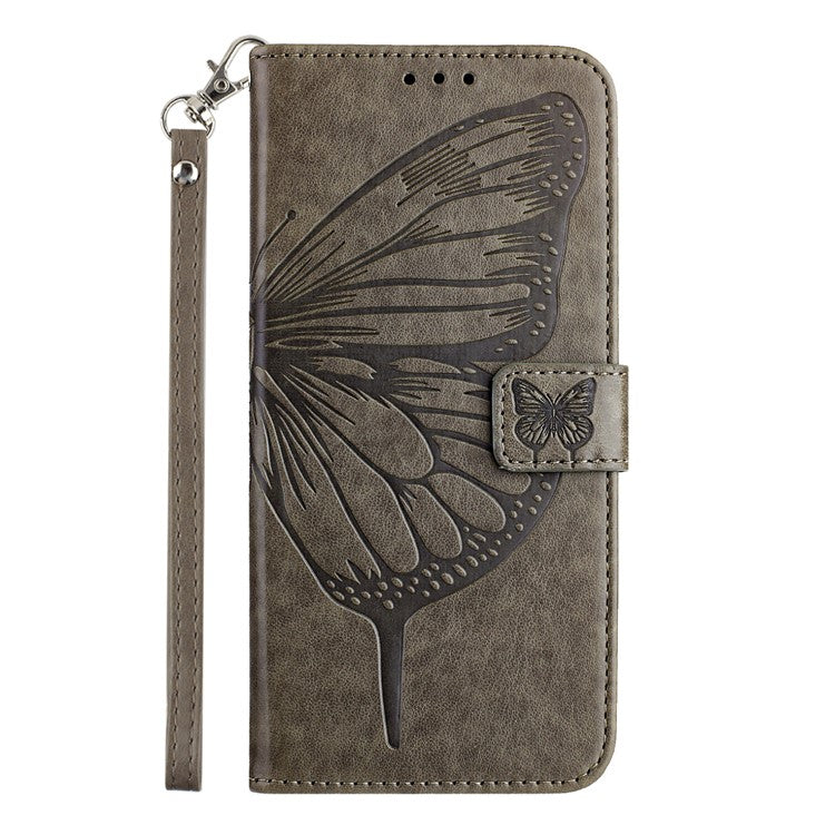 YB Imprinting Series-4 For iPhone 16 Case Butterfly Flower Flip Wallet Leather Phone Cover - Grey