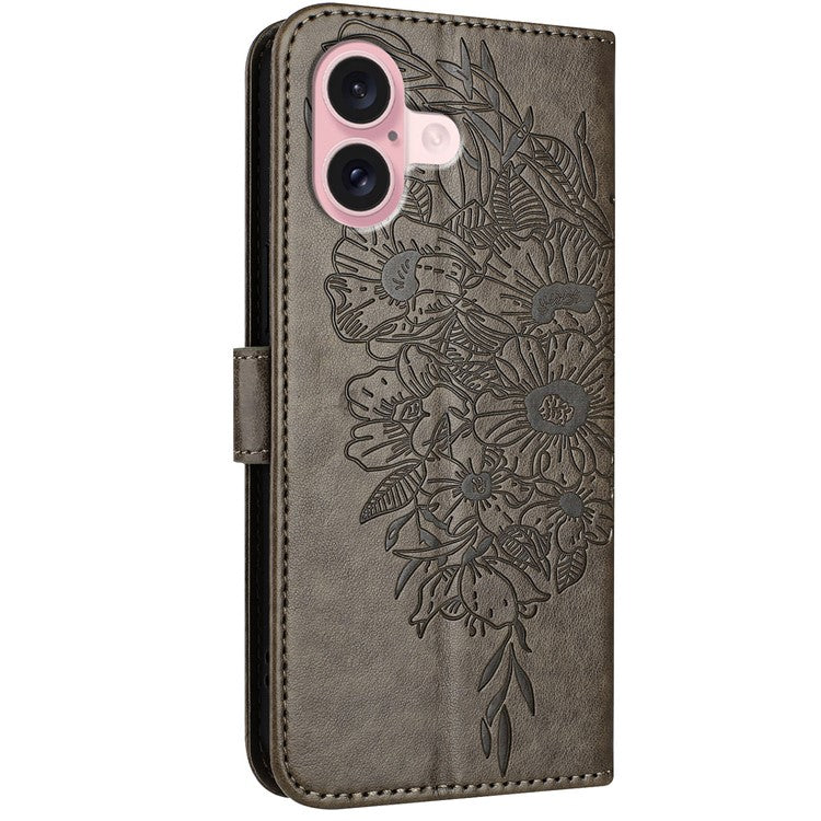 YB Imprinting Series-4 For iPhone 16 Case Butterfly Flower Flip Wallet Leather Phone Cover - Grey