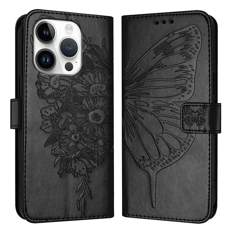 YB Imprinting Series-4 For iPhone 16 Pro Case Butterfly Flower Flip Wallet Leather Phone Cover - Black