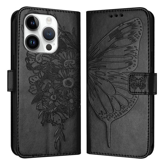 YB Imprinting Series-4 For iPhone 16 Pro Case Butterfly Flower Flip Wallet Leather Phone Cover - Black