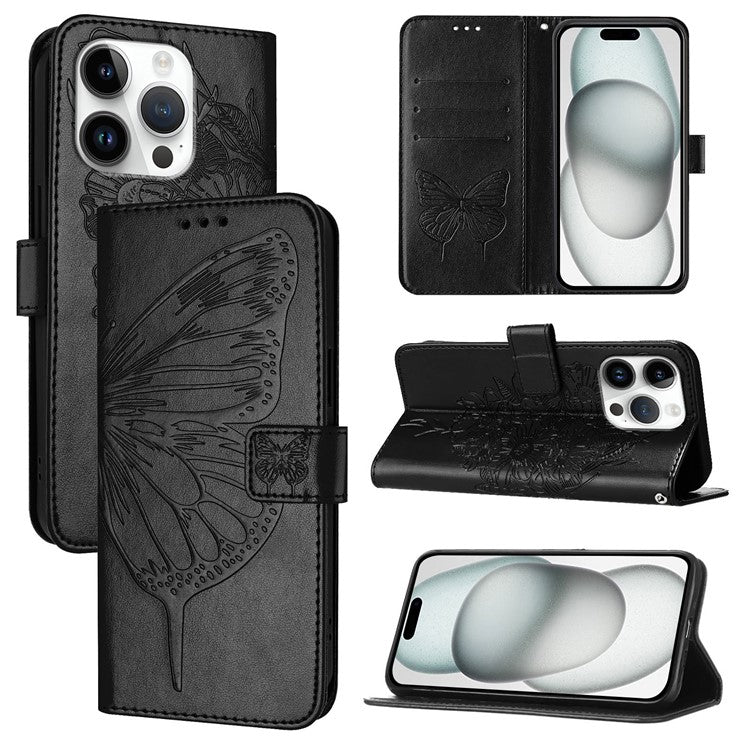 YB Imprinting Series-4 For iPhone 16 Pro Case Butterfly Flower Flip Wallet Leather Phone Cover - Black