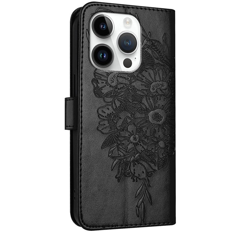 YB Imprinting Series-4 For iPhone 16 Pro Case Butterfly Flower Flip Wallet Leather Phone Cover - Black