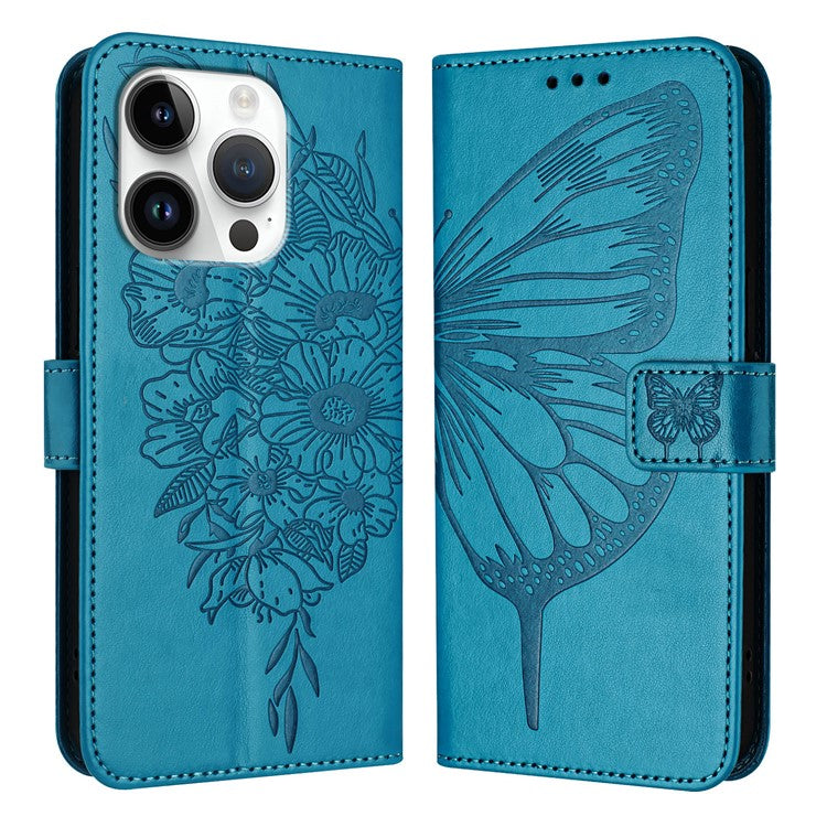 YB Imprinting Series-4 For iPhone 16 Pro Case Butterfly Flower Flip Wallet Leather Phone Cover - Blue