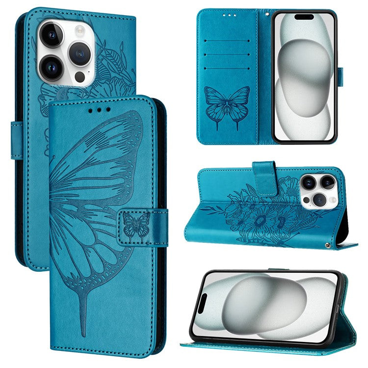 YB Imprinting Series-4 For iPhone 16 Pro Case Butterfly Flower Flip Wallet Leather Phone Cover - Blue