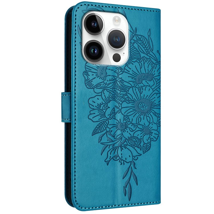 YB Imprinting Series-4 For iPhone 16 Pro Case Butterfly Flower Flip Wallet Leather Phone Cover - Blue