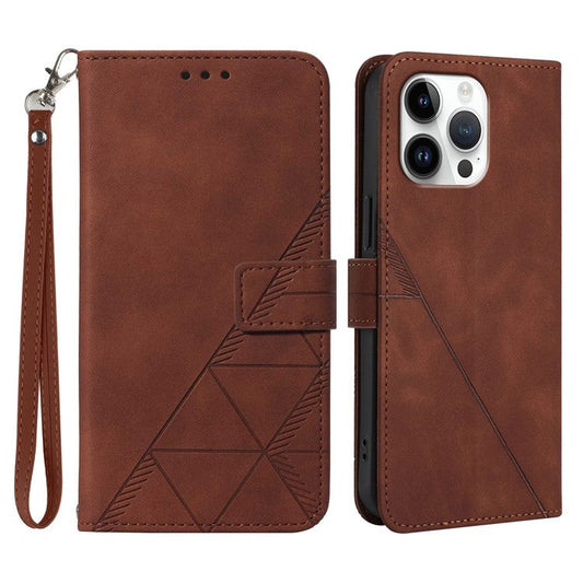 YB Imprinting Series-1 For iPhone 16 Pro Leather Case with Hand Strap Wallet Phone Cover - Brown